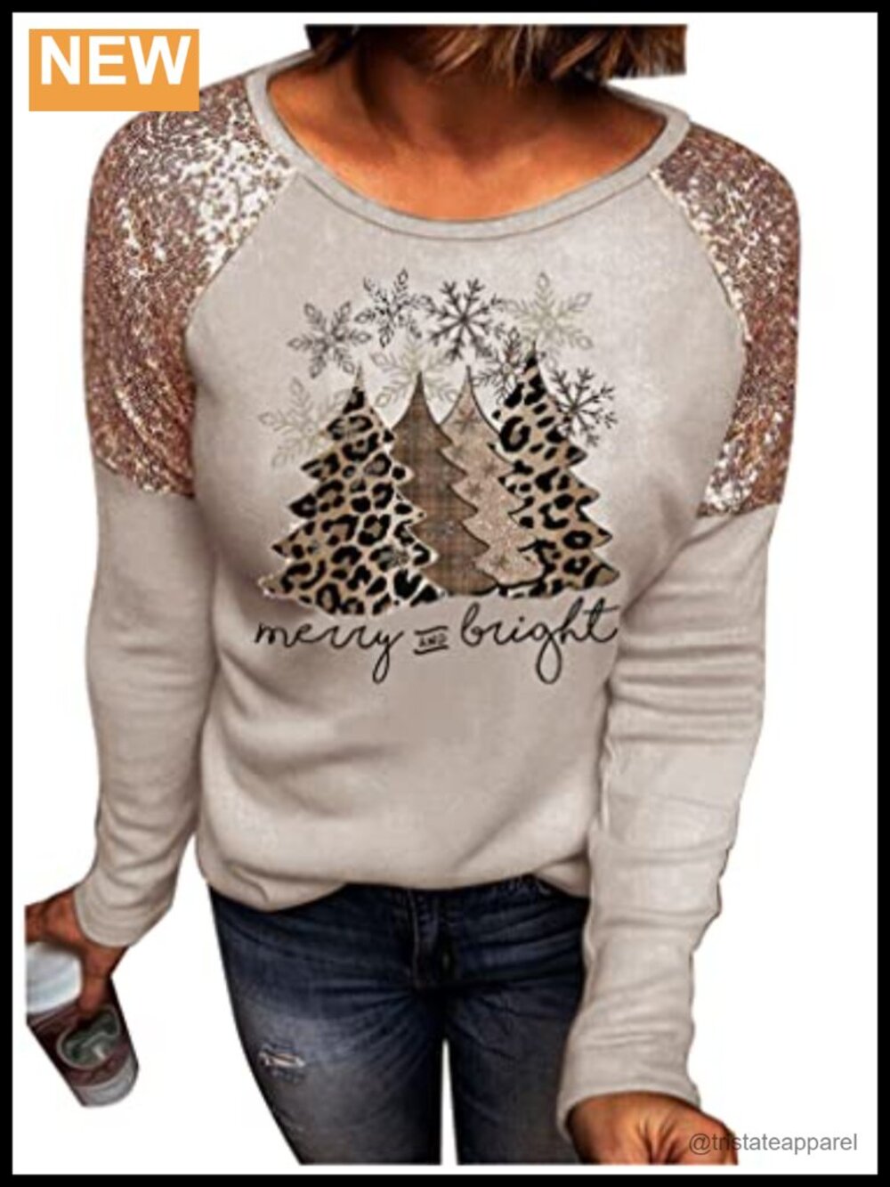 Women's Leopard Christmas Trees Sequin Splicing Long Sleeve Tee
